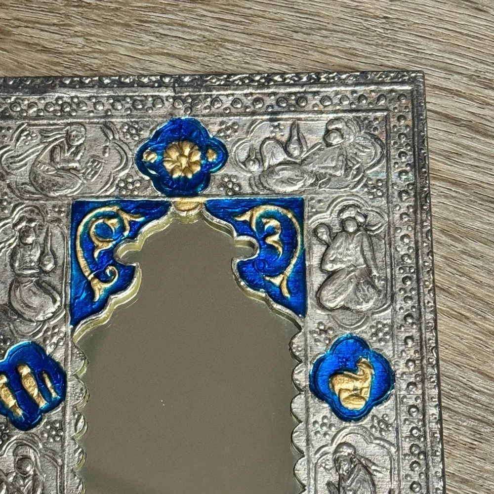 Antique Vtg 19th Century Islamic Persian Qajar Silver Plated Blue Enamel Mirror